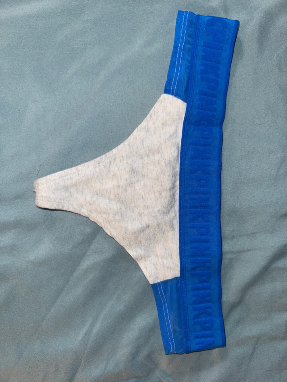 PINK Victoria's Secret Heather Gray Thong with Bright Blue Branded Waistband
